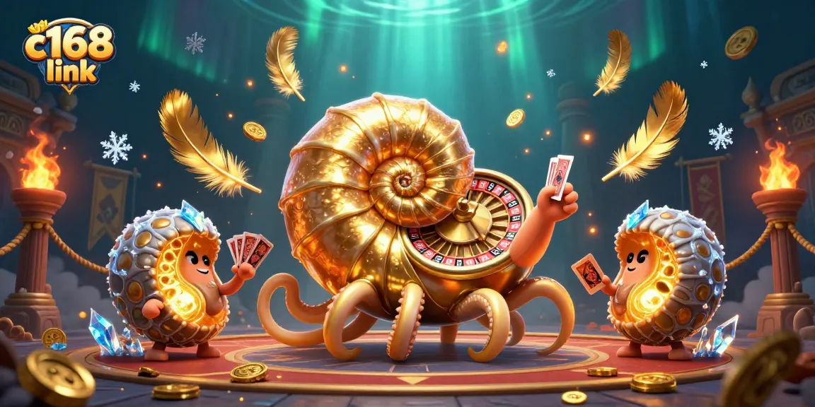 Engage with vibrant gaming elements in the dynamic c168 link scene featuring a golden nautilus roulette and glowing ammonites.