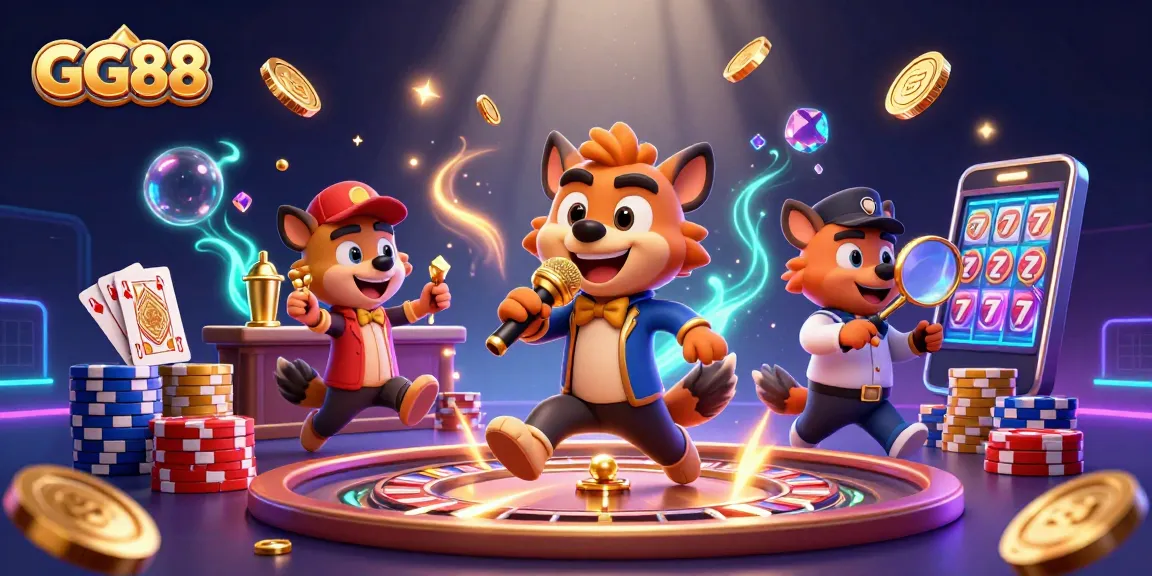 Experience the thrill at GG88 with lively hyena characters in a casino scene rich with gold and gems.