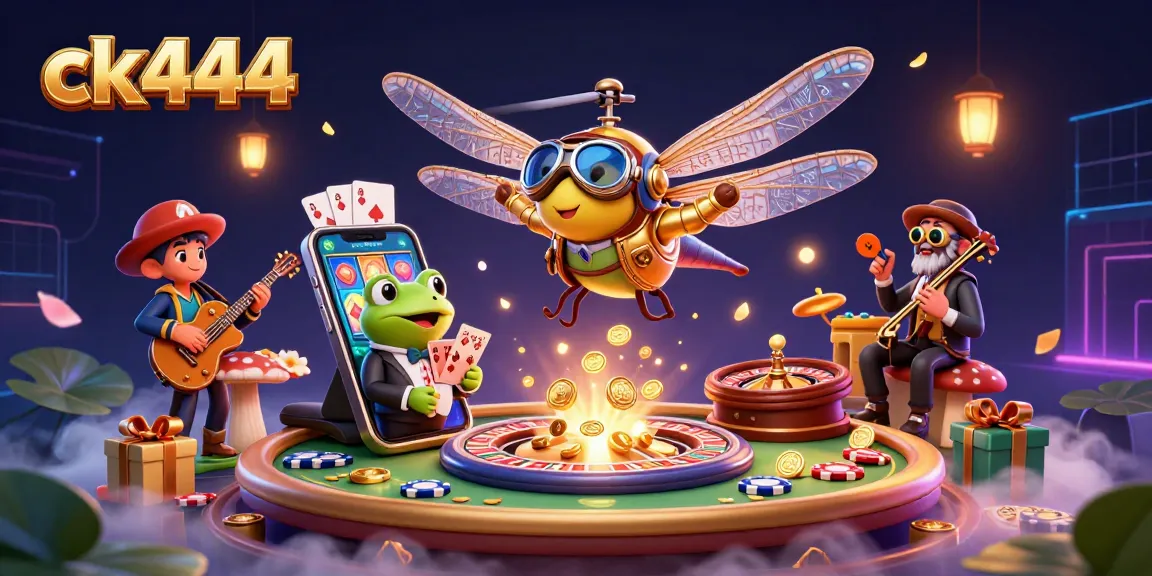 Engage in the thrill of gaming at ck444 casino with a dynamic dragonfly pilot, frog dealer, and jazz musicians.
