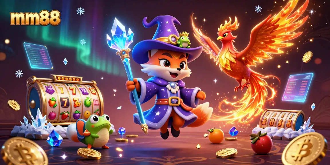 Experience thrilling gameplay at mm88 with vibrant 3D illustrations of a wizard fox, phoenix, and interactive slot elements.