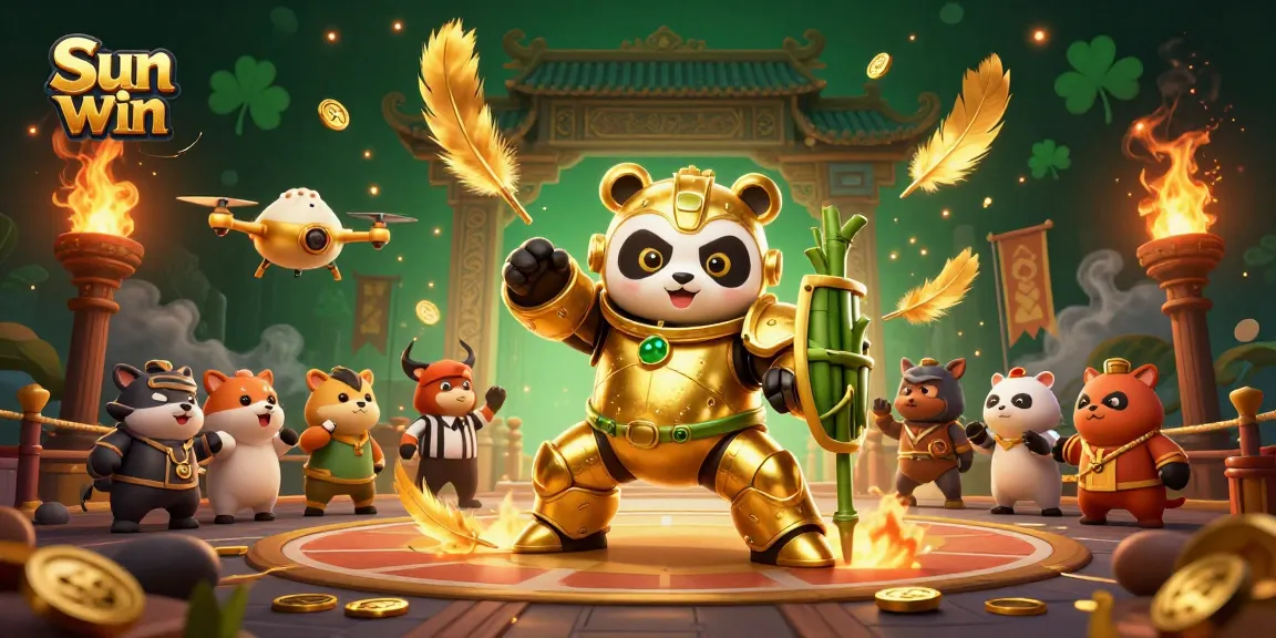 Experience thrilling gameplay with Sun win's golden panda piloting a bamboo mech in a dynamic gambling arena.