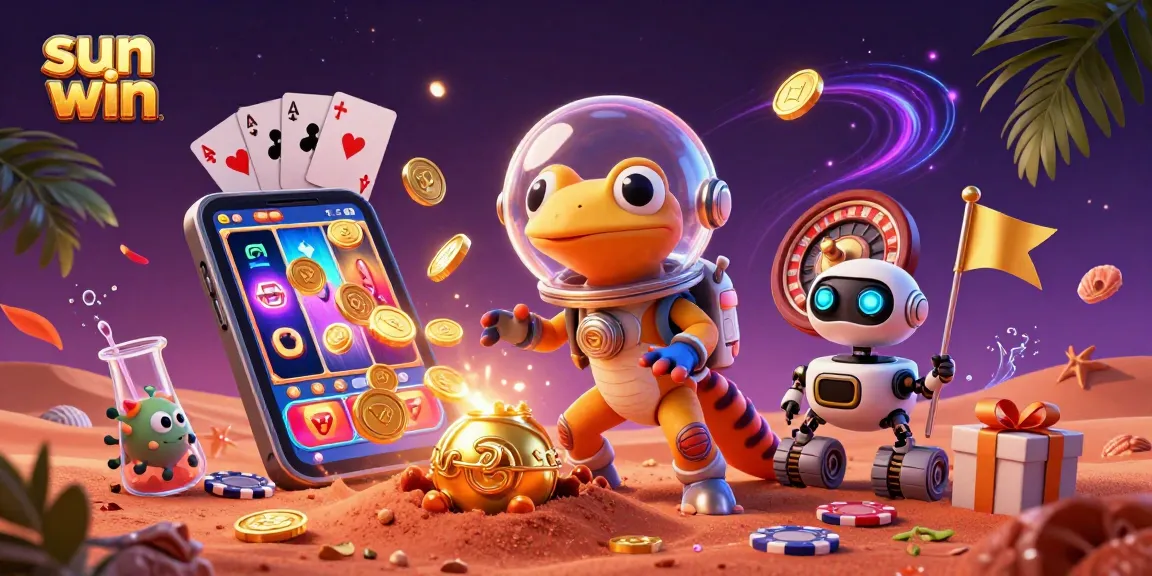 Experience sun win with a Martian gecko uncovering a golden casino, surrounded by vibrant gaming elements.