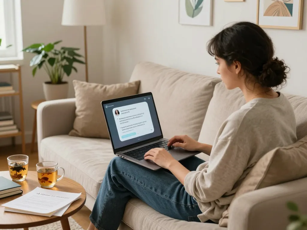 Engaging sex ai chat session in a cozy home office setting with a laptop.