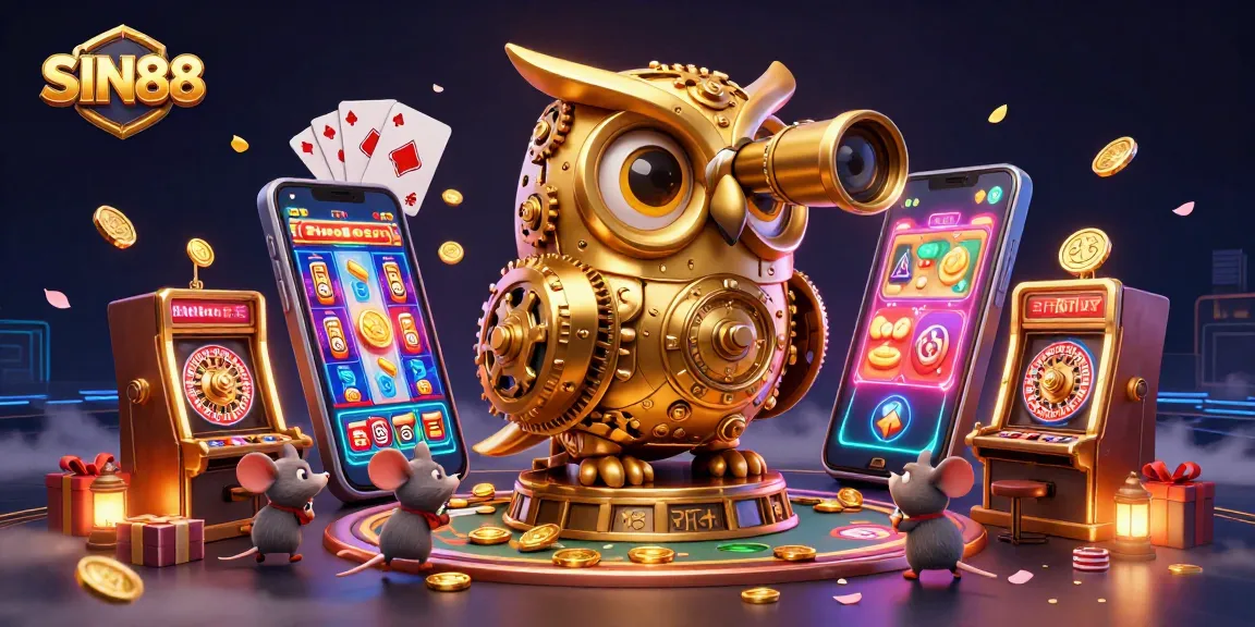 SIN88's dynamic casino scene featuring a clockwork owl and lively gambling elements.
