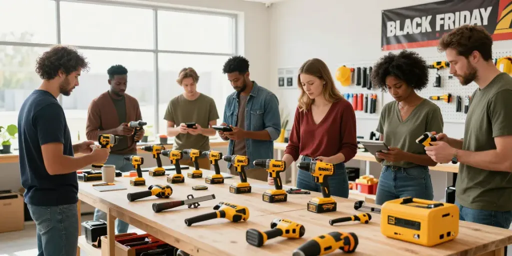 Offerte di Black Friday Dewalt in un vivace laboratorio di fai-da-te con appassionati che interagiscono con vari strumenti.