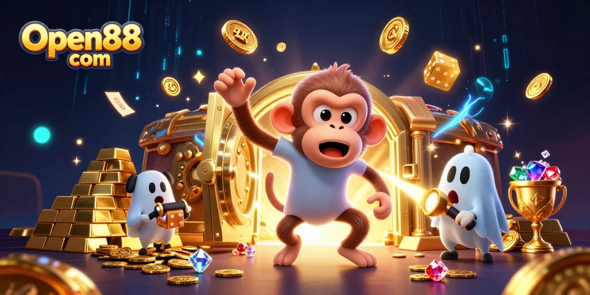 Engage with thrilling moments at Open88 com as a playful haunting monkey juggles golden prizes in a lively casino.