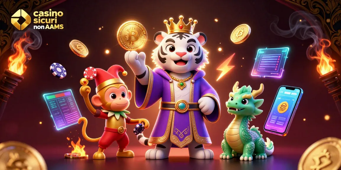 Interagisci con la vivace scena dei casinò sicuri non AAMS che presenta una maestosa tigre bianca, una scimmia giocosa e un drago di giada animato tra monete crypto ed elementi di gioco.
