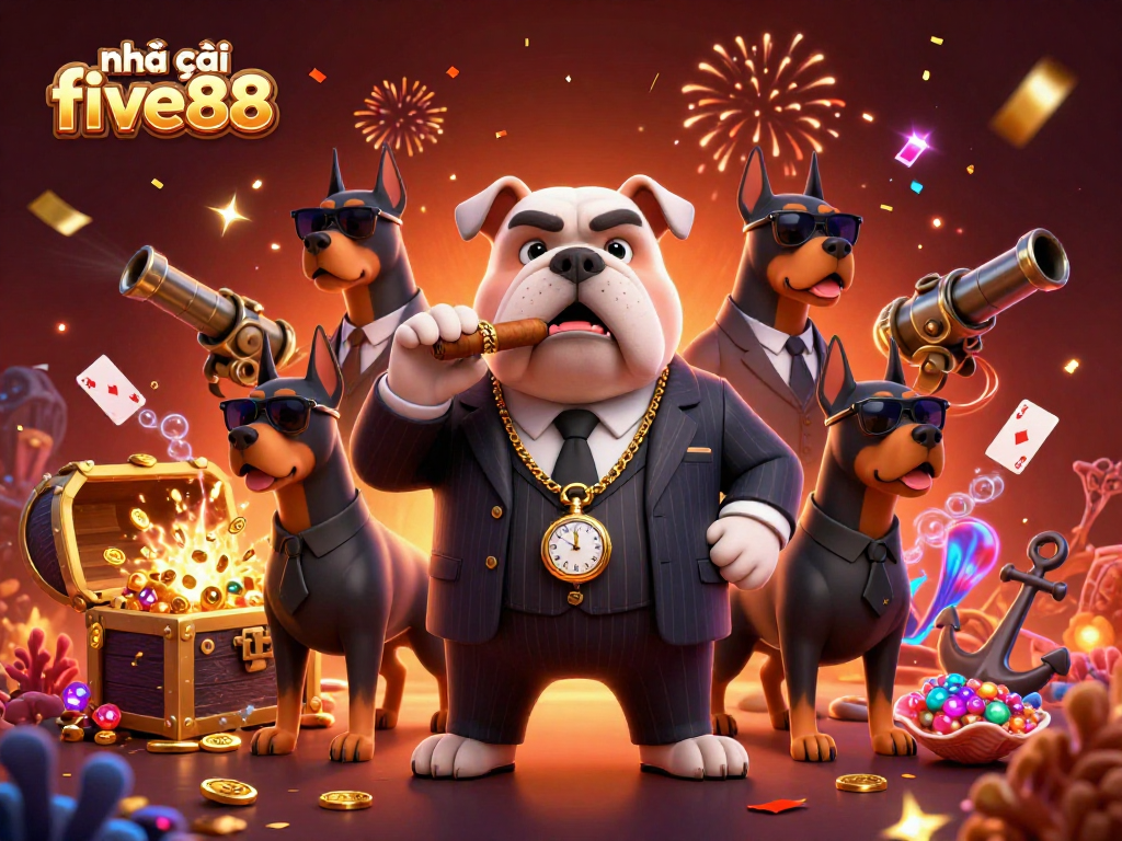 Engage in thrilling gameplay at nhà cái five88, showcasing a mafia boss and bodyguards amidst a treasure-filled underwater scene.